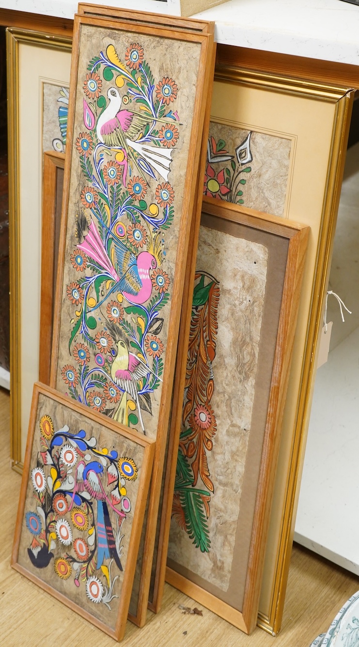A collection of six Far Eastern decorative studies depicting exotic birds amongst flowers and blossom, gouaches, largest 70 x 49cm